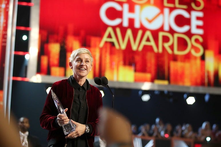 LOS ANGELES, CA - JANUARY 18: TV personality/actress Ellen DeGeneres accepts the awards for Favorite Animated Movie Voice for 'Finding Dory' as Dory, Favorite Daytime TV Host, and Favorite Comedic Collaboration for 'Ellen DeGeneres and Britney Spears' Mal