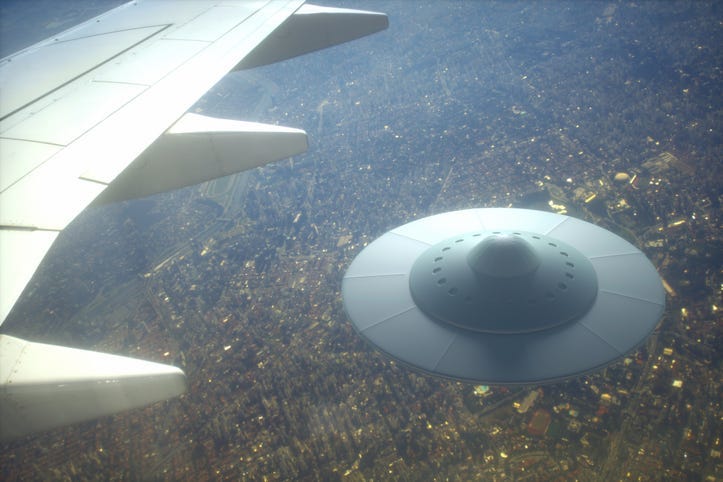 3D illustration with photography. Alien spaceship flying together with airplane.