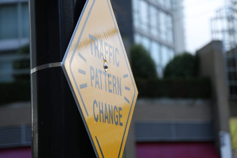 Background warning sign change road
