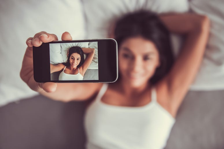Woman, In Bed, Selfie, Phone, Blurry