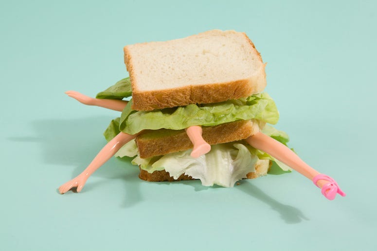 Doll Parts, Sandwich, Teal Background, Quirky Cannibalism
