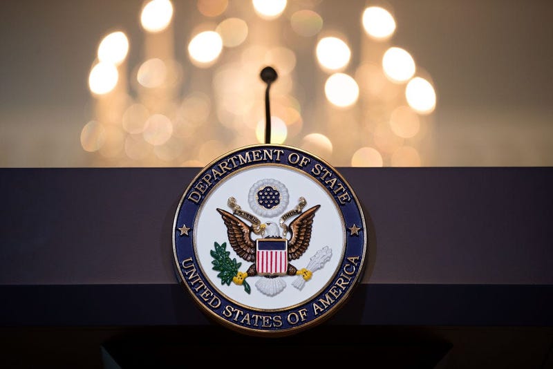 WASHINGTON, DC - JUNE 09: A view of the State Department seal on the podium before Romanian President Klaus Iohannis and U.S. Secretary of State Rex Tillerson appear for a photo opportunity at the State Department, June 9, 2017 in Washington, DC. 