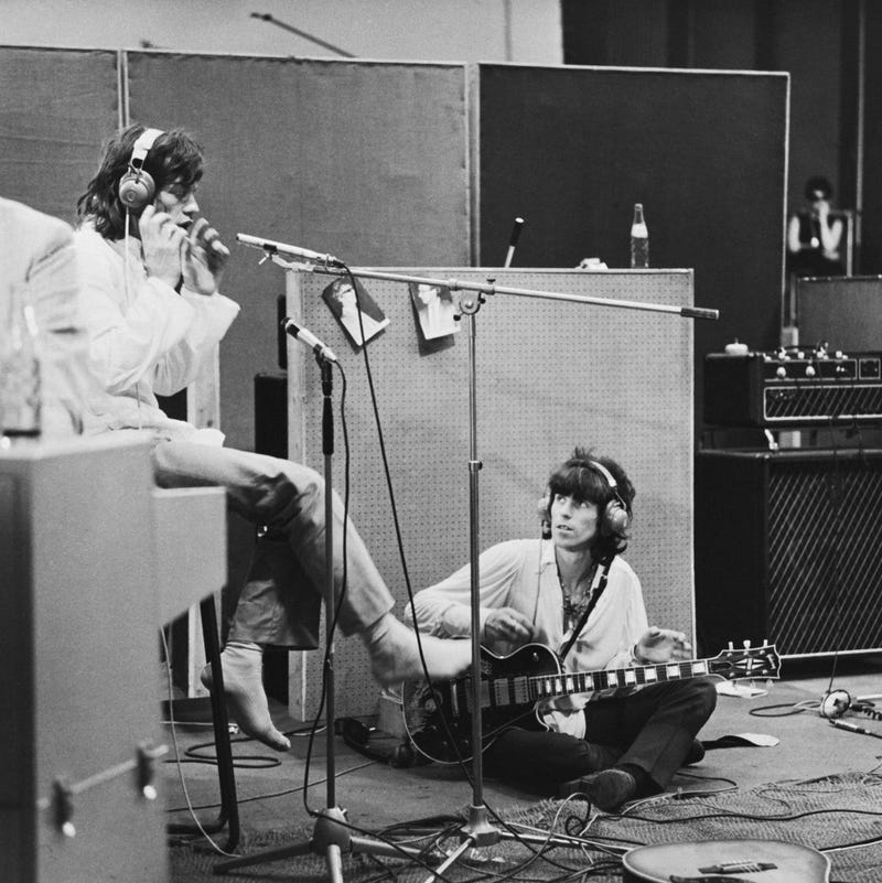 Rolling Stones Mick Jagger and Keith Richards at the Olympic Sound Studios while making Jean Luc Godard's semi documentary movie 'Sympathy for the Devil', aka 'One Plus One', June 1968. 