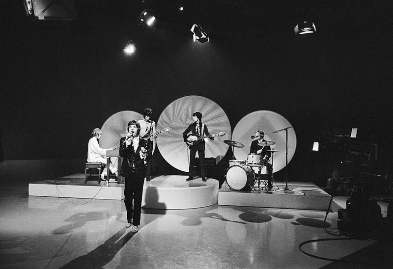 The Rolling Stones performing 'She Smiled Sweetly' on the Eamonn Andrews show, 5th February 1967. From left to right Brian Jones, Mick Jagger, Keith Richards, Bill Wyman and Charlie Watts.