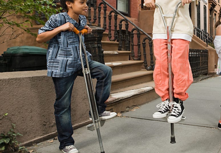 Boys, Pogo Sticks, Bouncing, Sidewalk, City, Downtown, Village