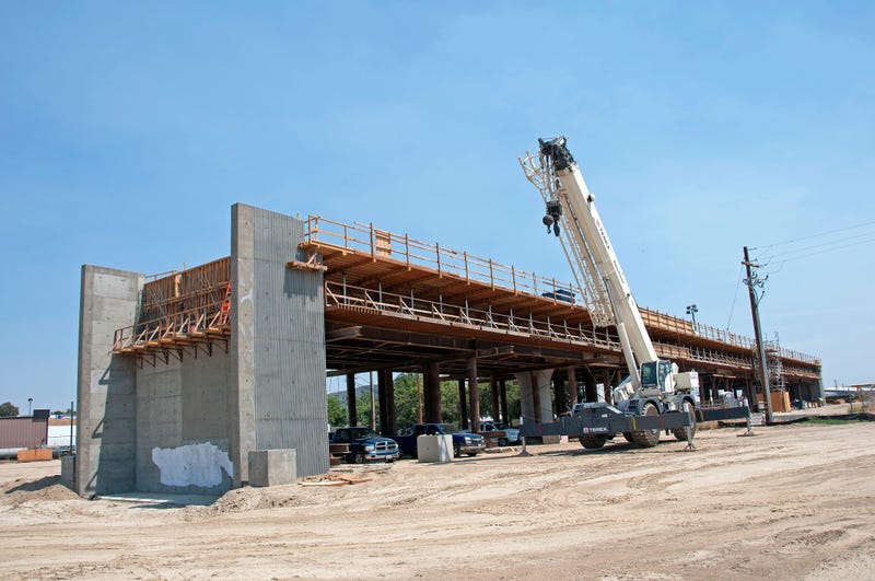 In this handout image provided by the California High-Speed Rail Authority, Construction of the Muscat Avenue Viaduct seen west of State Route 99, just east of Cedar Avenue on July 13, 2017 in Fresno, California..