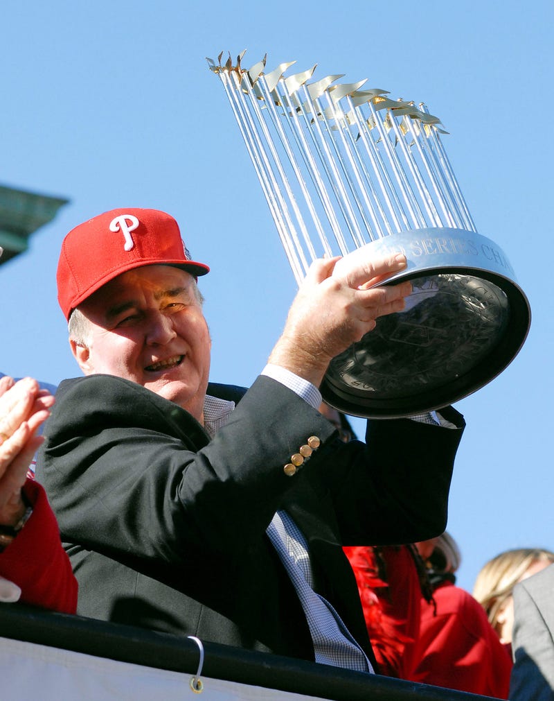 Philadelphia Phillies President Dave Montgomery hold the World Series trophy during the World Championship Parade October 31, 2008 in Philadelphia, Pennsylvania. 