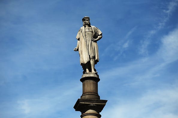 A 76-foot statue of explorer Christopher Columbus stands in Columbus circle
