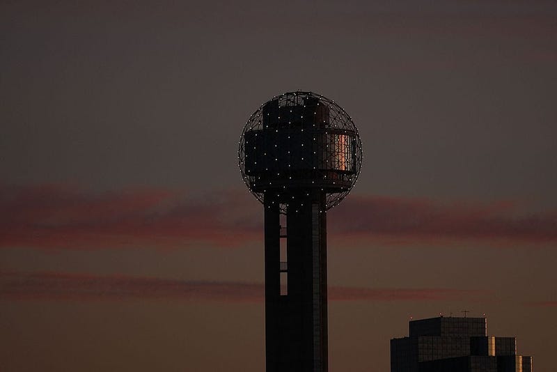Reunion Tower at dusk in downtown Dallas