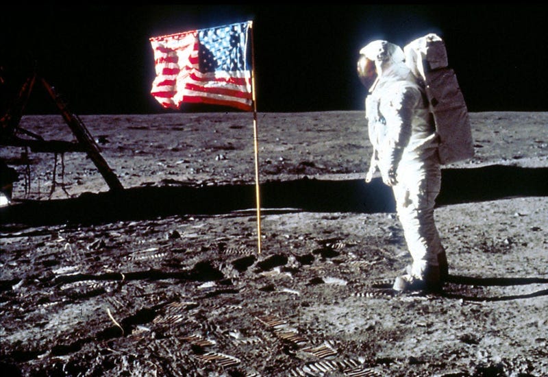 Apollo 11 Astronaut Buzz Aldrin Poses next To The U.S. flag On Moon