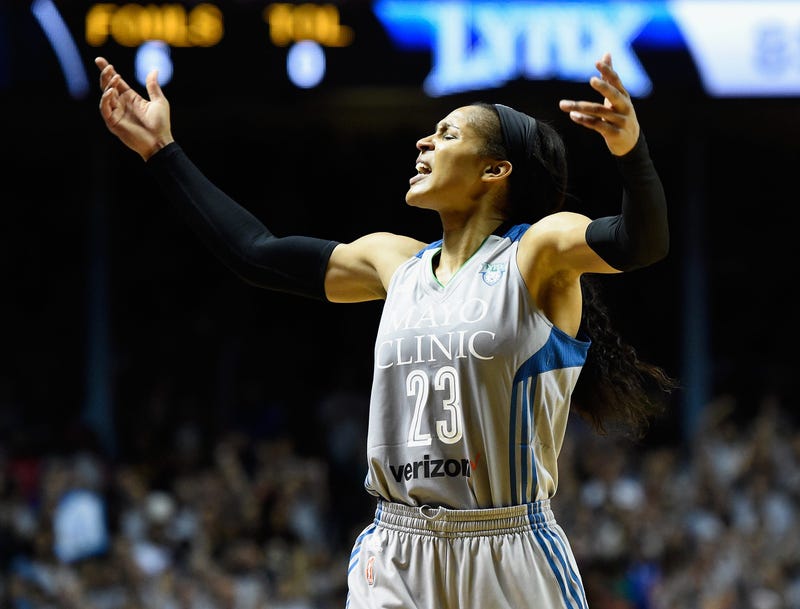 4: Maya Moore #23 of the Minnesota Lynx pumps up the crowd in the final minute of Game Five of the WNBA Finals against the Los Angeles Sparks on October 4, 2017 a