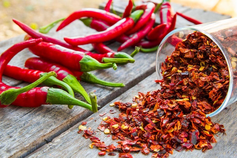 Red Pepper Flakes, Chilis, Wooden Table