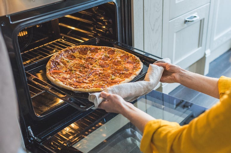 Woman, Cooking, Pizza, Oven