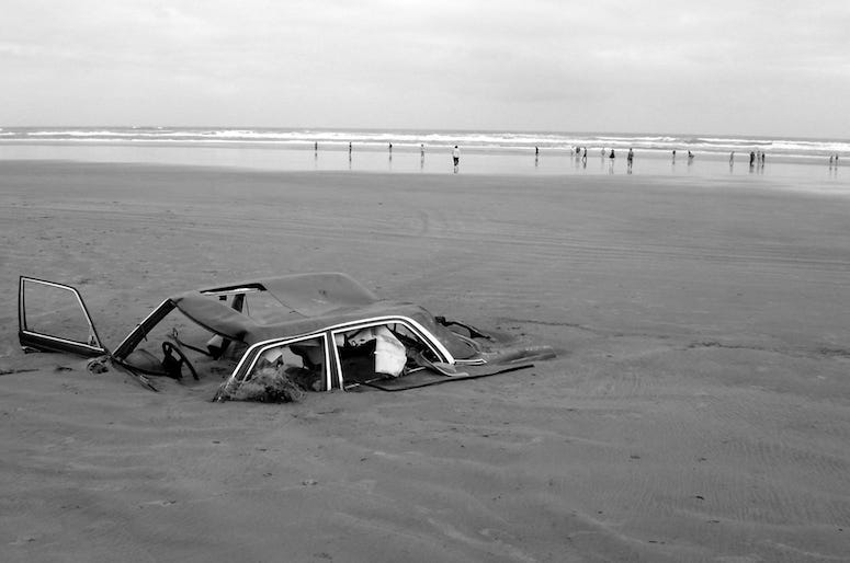 Car, Buried, Sand, Beach, Black and White