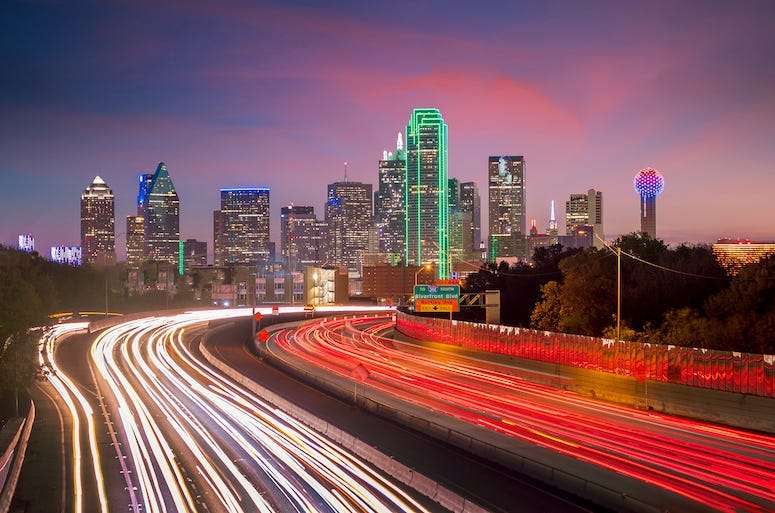 Downtown Dallas, Skyline, Twilight, Sunset, Blurry Traffic