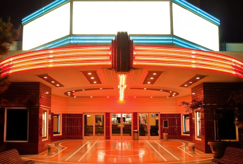 Theater, Entrance, Neon, Glowing, Doors, Tower Theater