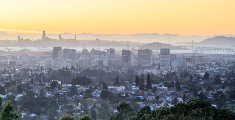 San Francisco and Oakland at sunset.