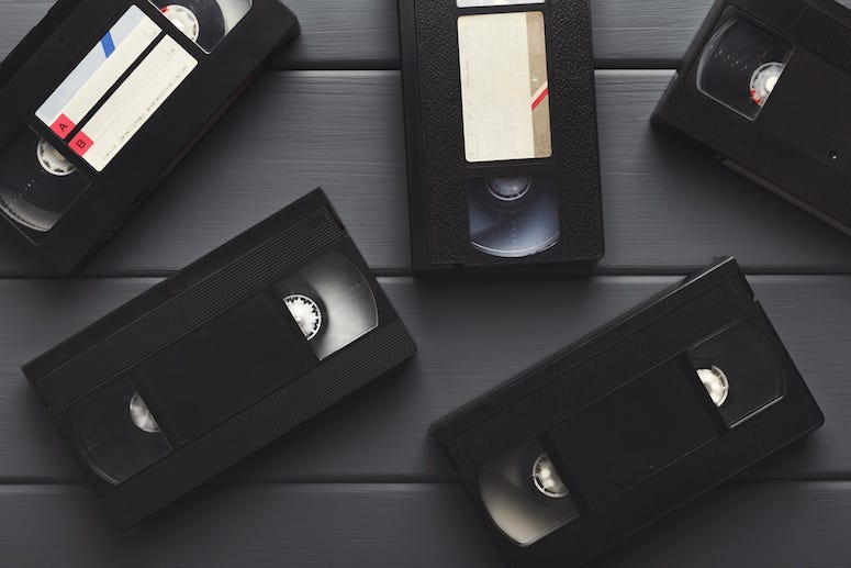 VHS, Tapes, Table, Gray Wooden Background