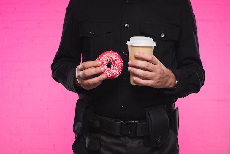 Police, Officer, Doughnut, Coffee, Pink Background