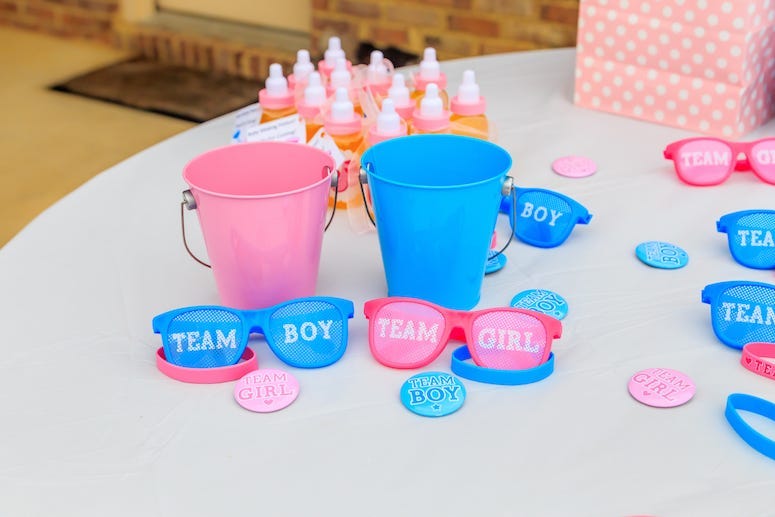 Gender Reveal, Party, Decorations, Boy, Girl, Blue, Pink, Buckets, Sunglasses