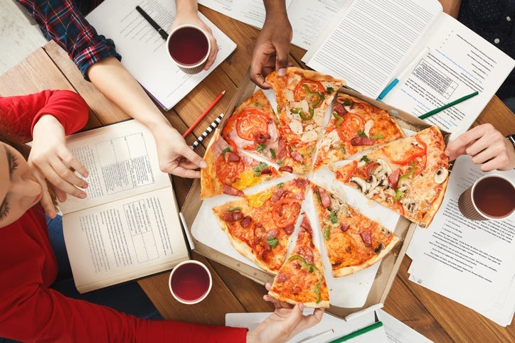 Pizza delivery. Happy people eating lunch at coworking office during break, crop, closeup