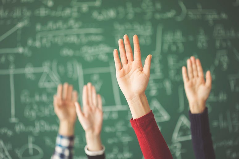 Hands Raised, Students, Classroom,Teacher, Class