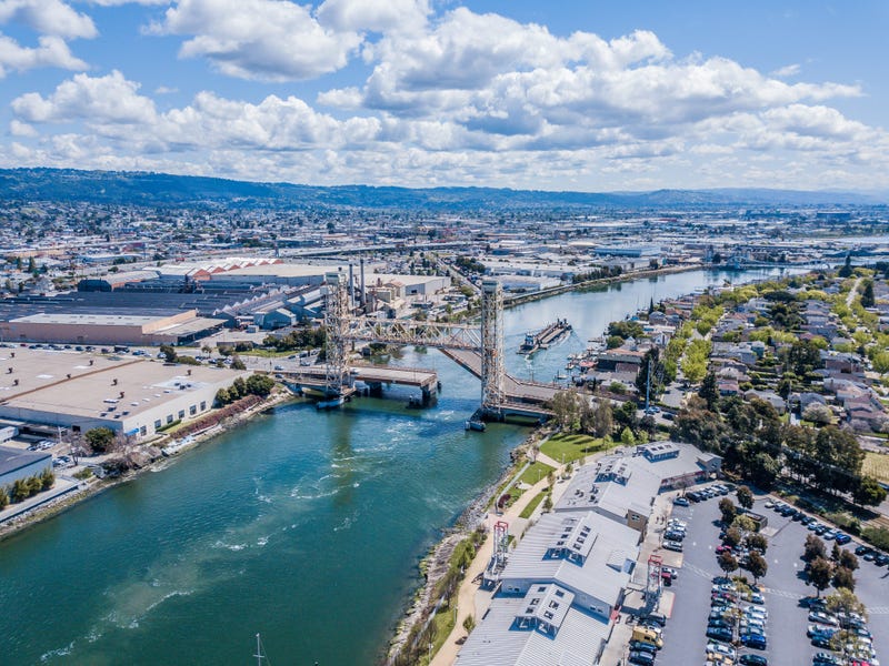 A view of a bridge connecting Oakland and Alameda.