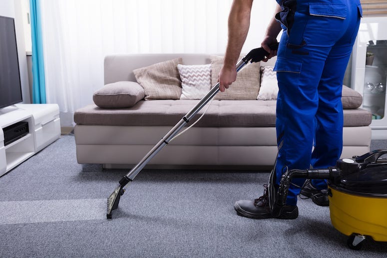 Man, Janitor, Cleaning, Carpet, Living Room, Vacuuming, Blue Jumpsuit