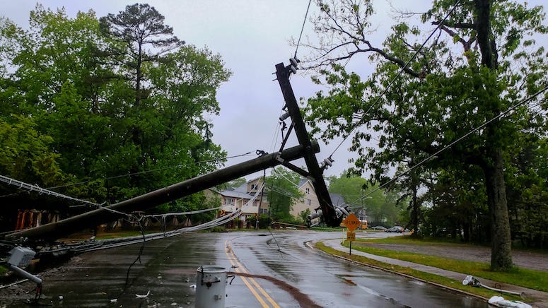 Tornado, Weather, Damange, Transformer, Pole, Grounded, Street, Neighborhood