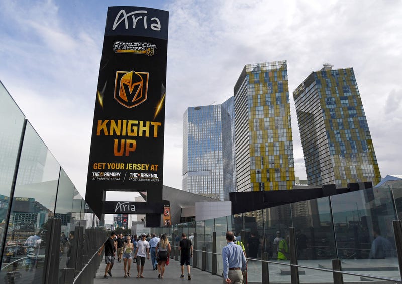 The marquee outside the Aria Resort & Casino displays an advertisement for Vegas Golden Knights retail stores the day after the team won the Western Conference Finals during the 2018 NHL Stanley Cup Playoffs on May 21, 2018 in Las Vegas