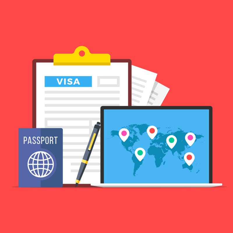 Visa application. Clipboard with visa application form, passport, pen and laptop with map of the world and map markers.