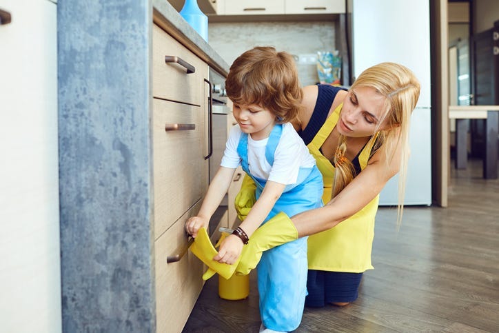 Mom Cleaning with Son