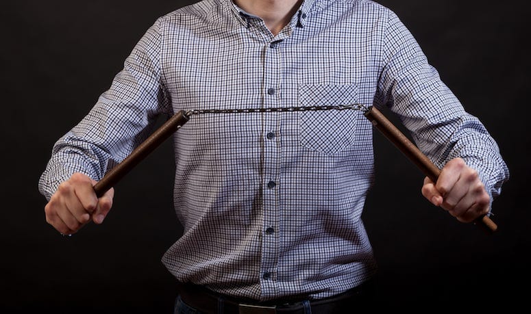 Man, Dressed Up, Plaid Shirt, Nunchucks, Weapon, Karate