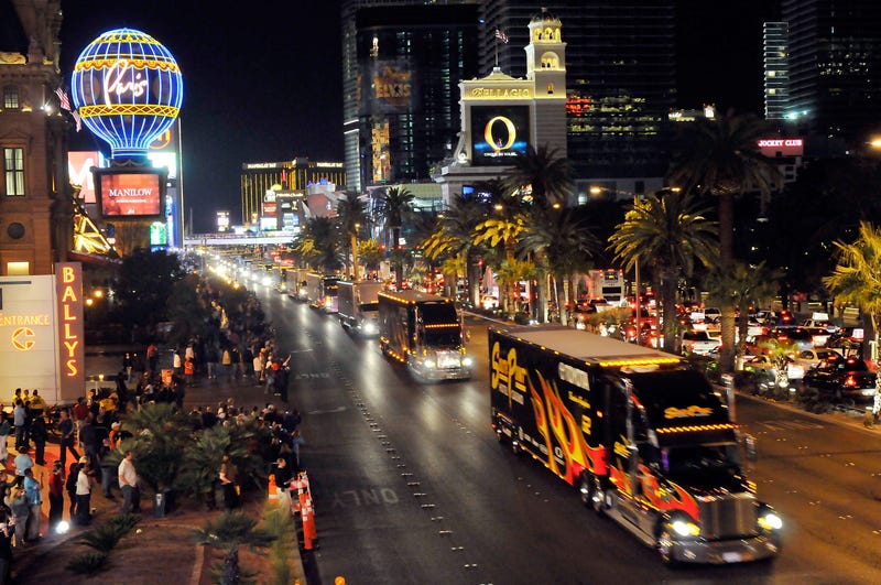 NASCAR car haulers parade down the Las Vegas Strip