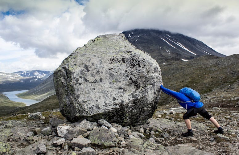 Rock, Man, Push, Hiking