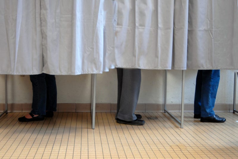 People stand inside voting booths