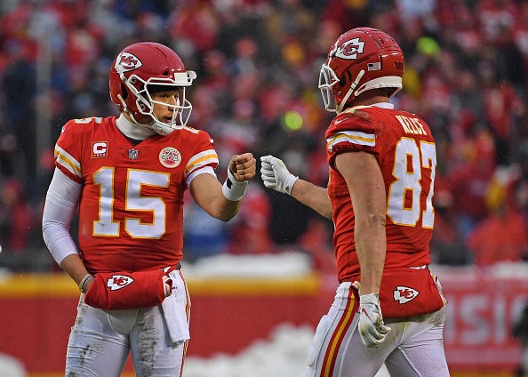 Patrick Mahomes (left) and Travis Kelce (right) are two major reasons why the Chiefs are Super Bowl contenders in 2019. 