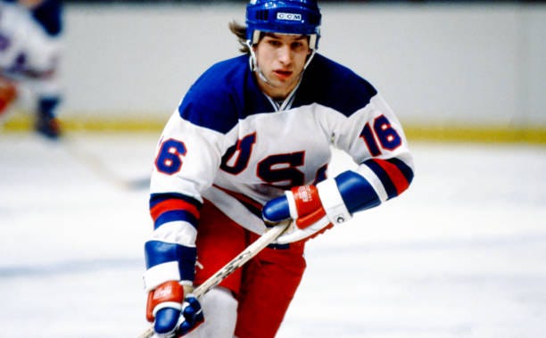 American hockey player Mark Pavelich #16 of Team USA in action during the 1980 exhibition game against the Soviet Union on February 9, 1980 at Madison Square Garden in New York, New York. 