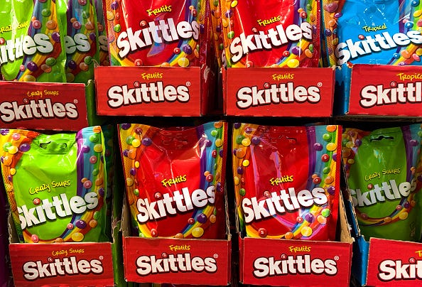 Skittles candies are seen in the shop in Milan, Italy on October 6, 2021. 