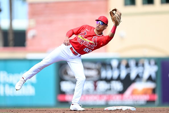 Masyn Winn #80 of the St. Louis Cardinals warms up during the fourth inning of a spring training game against the Miami Marlins at Roger Dean Chevrolet Stadium on March 20, 2023 in Jupiter, Florida.