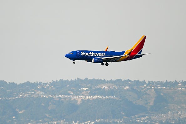 A Southwest Airlines plane lands at San Francisco International Airport (SFO) in San Francisco, California