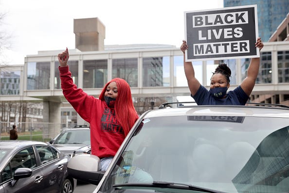 People react after the verdict was read in the Derek Chauvin trial on April 20, 2021 In Minneapolis, Minnesota