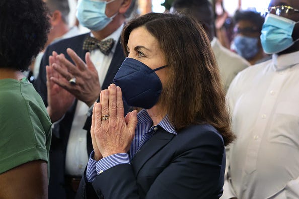 New York Governor Kathy Hochul, a Buffalo native, attends an interfaith service at Macedonia Baptist Church held to mourn the Tops market shooting victims on May 15, 2022 in Buffalo, New York. A gunman opened fire at the store yesterday killing ten people and wounding another three. The attack was believed to be motivated by racial hatred.