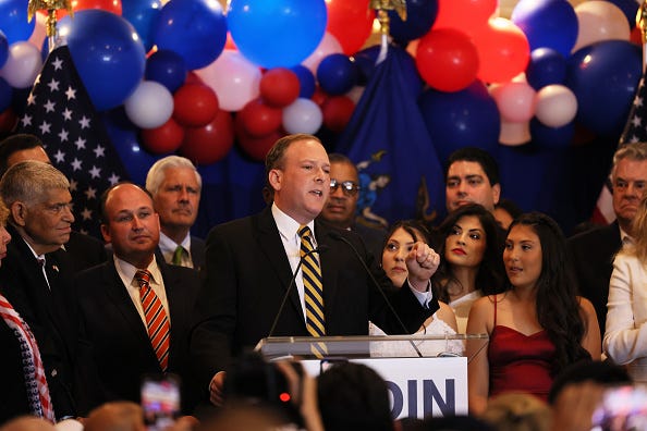 GOP Candidate for Governor Rep. Lee Zeldin (R-NY) speaks during his victory party on June 28, 2022 in Baldwin, New York. Front runner Rep. Zeldin won the GOP Primary for NY Governor over his three primary challengers. 