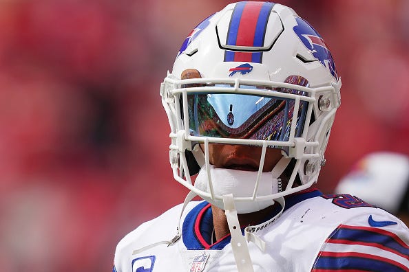 Jordan Poyer #21 of the Buffalo Bills looks on prior to the game against the Kansas City Chiefs at Arrowhead Stadium on October 16, 2022 in Kansas City, Missouri. 