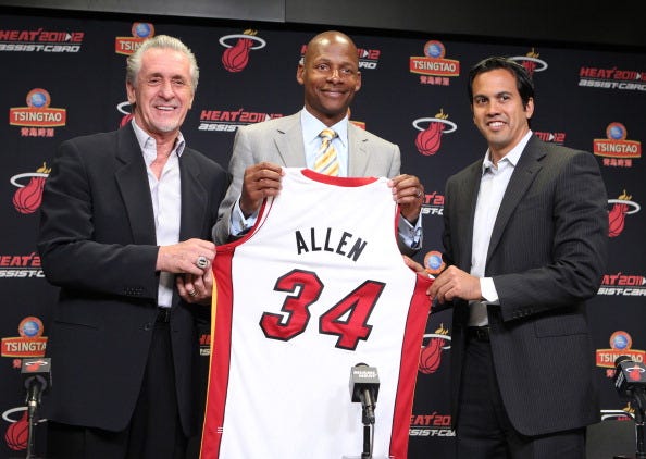 Pat Riley, Erik Spoelstra and Ray Allen