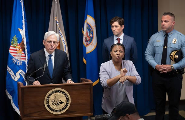 Attorney General Merrick Garland, Minneapolis Mayor Jacob Frey and Minneapolis Police Chief Brian O'Hara (L-R) at a press conference announcing a consent decree in Minneapolis after a Justice Department investigation into the city's policing practices.