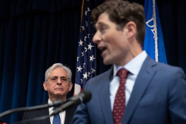 U.S. Attorney General Merrick Garland listened as Minneapolis Mayor Jacob Frey spoke about how Minneapolis will comply with the Department of Justice (DOJ) investigation at a press conference, Friday, June 16, 2023, Minneapolis, Minn.