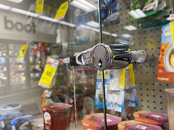 Locked up to prevent theft, household items at a CVS Pharmacy