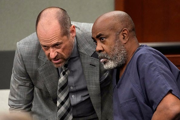 Duane "Keffe D" Davis speaks with attorney Ross Goodman in court on October 19, 2023 in Las Vegas, Nevada. 